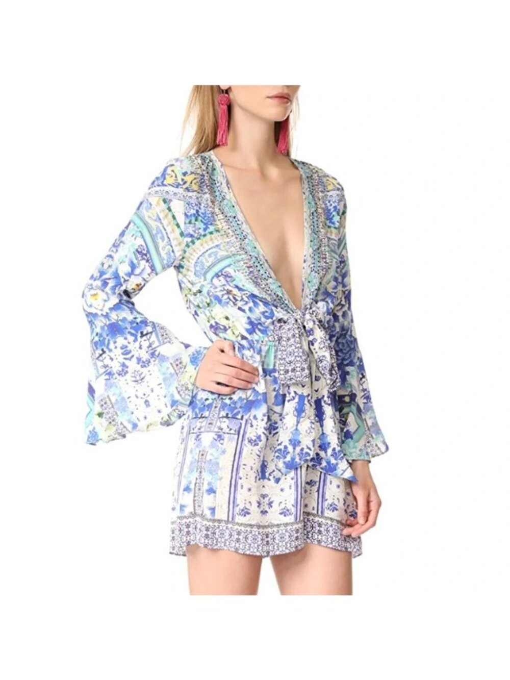 Camilla Women's Porcelain Paradise Wide Sleeve Tie Front Playsuit Size XS 3697 - Picture 4 of 14